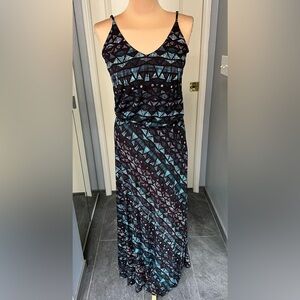 Vtg Veronica M Geometric Print Long Sleeveless Maxi Dress Boho Beach
